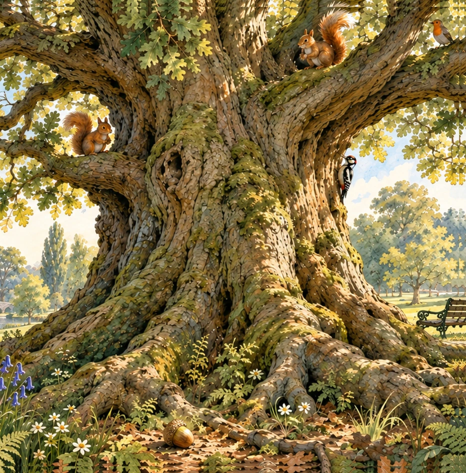 Original illustration of the oak tree and its world