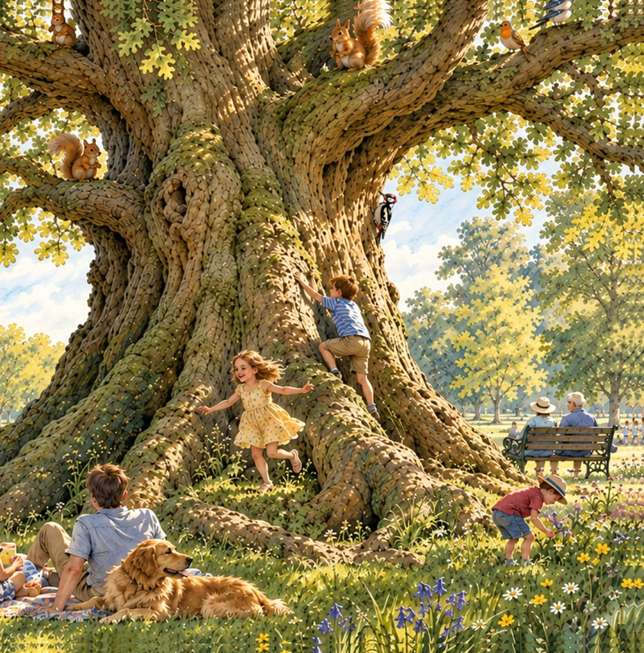 Original illustrated scene from The Old Oak Tree