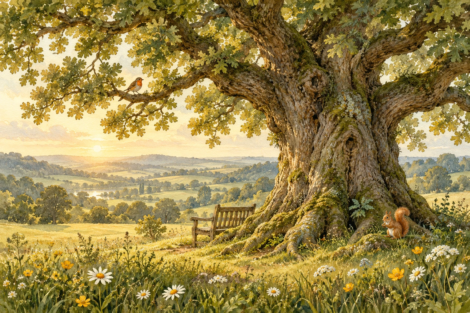 A magnificent old oak in a sunlit meadow, with a squirrel, a robin and a bench beneath its branches