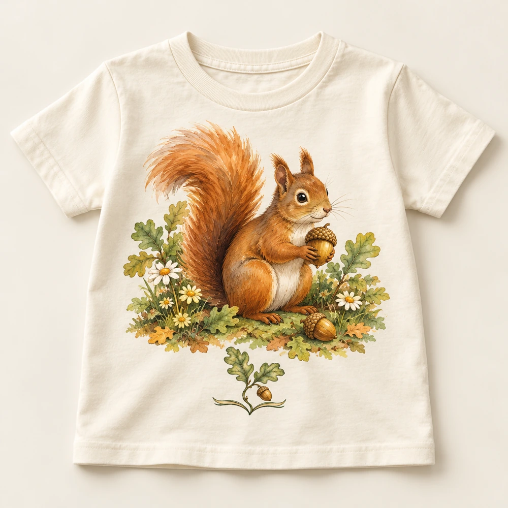 Ivory children’s T-shirt printed with a red squirrel holding an acorn and delicate oak leaves
