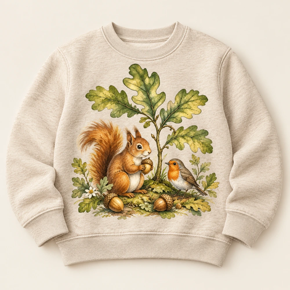 Oatmeal children’s sweatshirt with a squirrel, robin and little oak sapling illustration