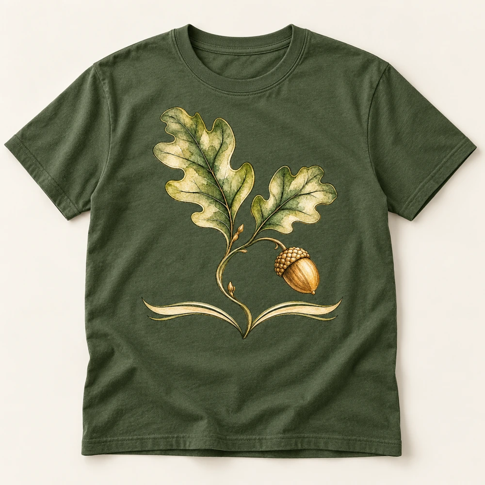 Sage green adult T-shirt with the oak leaf, acorn and open book botanical emblem