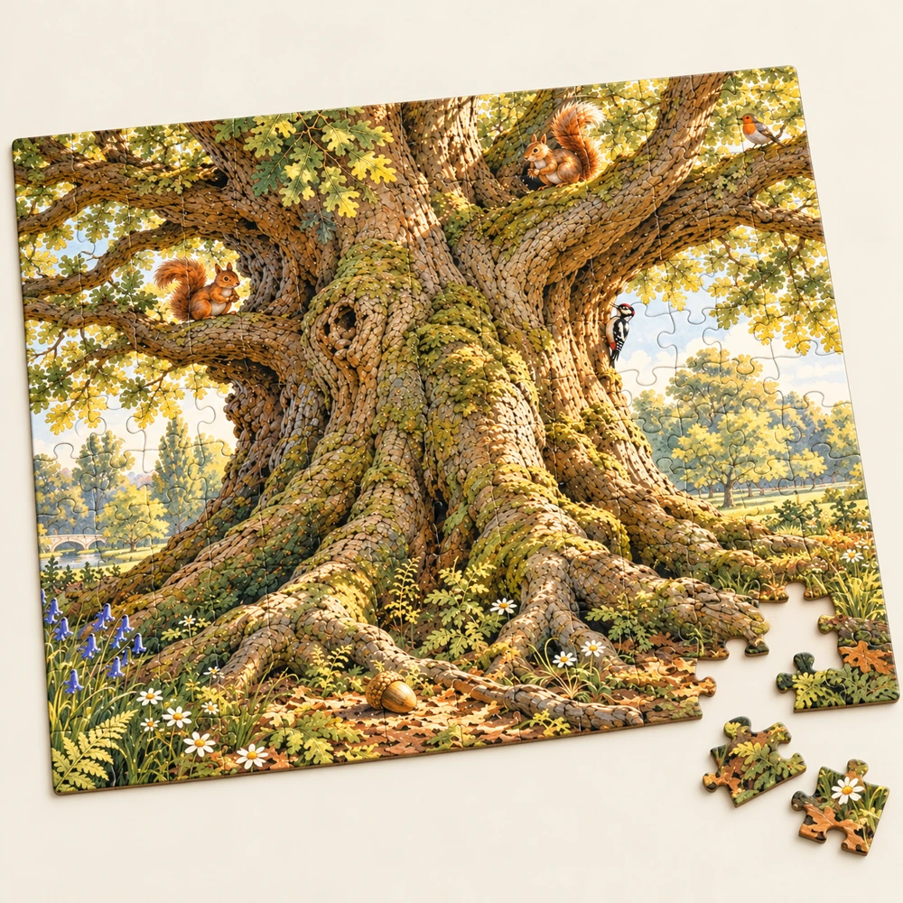 Jigsaw puzzle showing the old oak tree and woodland animals, with three loose pieces beside it