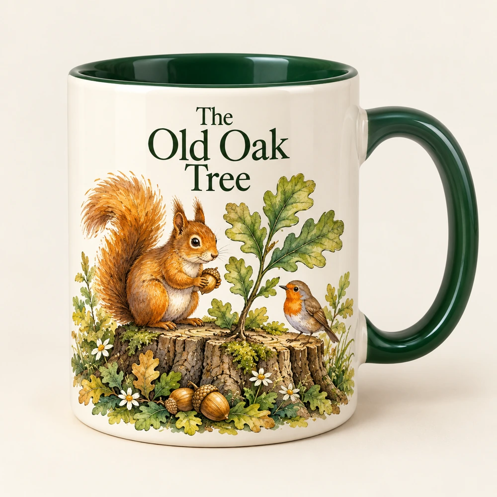 Ivory ceramic mug with a forest green handle, The Old Oak Tree title and woodland characters