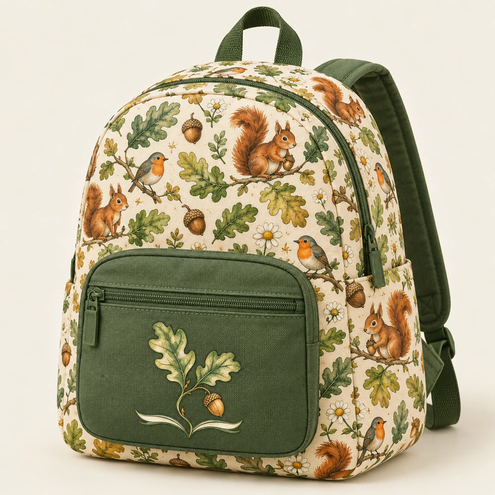 Cream backpack with a squirrel, robin and acorn pattern and a forest green front pocket