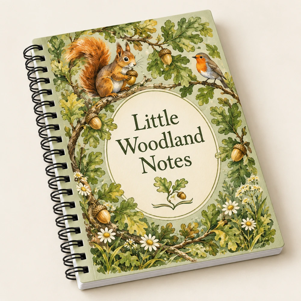 Sage and cream spiral notebook with a squirrel, robin and oak leaf illustrated cover