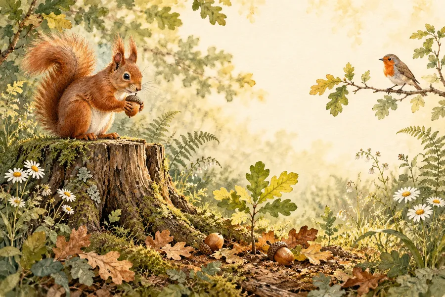 A red squirrel with an acorn, beside a little oak seedling